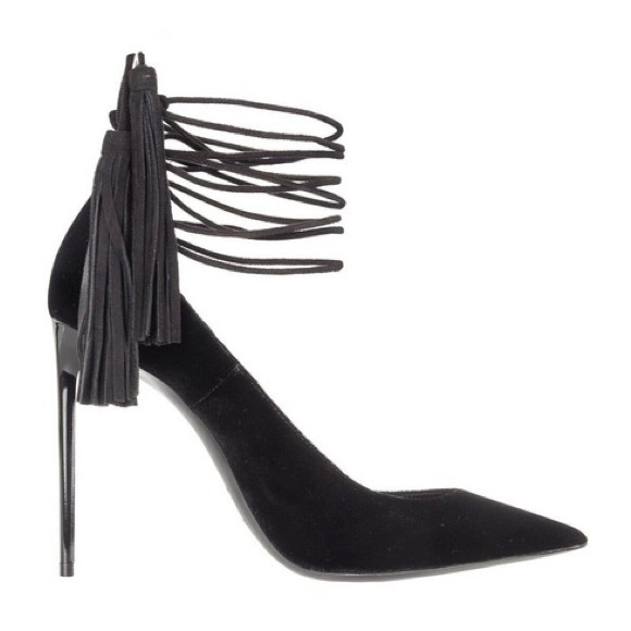 Saint Laurent | Black Ysl Zoe Deolte Pon Pon Velvet Ankle Strap Pumps - Picture 1 of 12